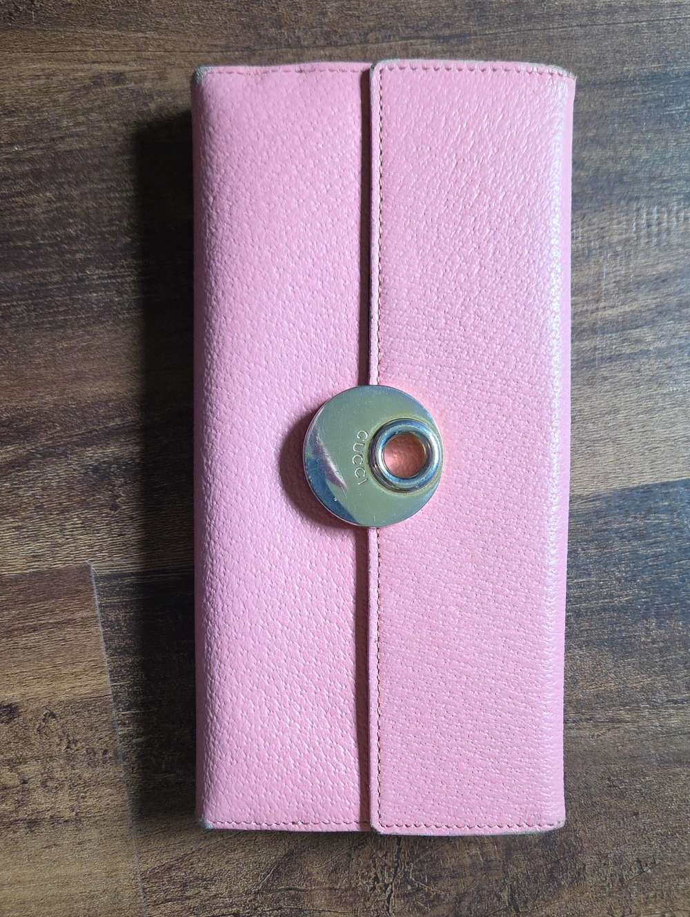 Gucci Pink Leather Snap Continental Wallet with Gold-Tone Disc
